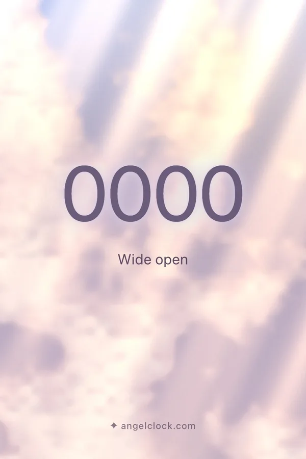 0000 angel number meaning: Wide open — the Angel Clock card for 0000, over its living sky