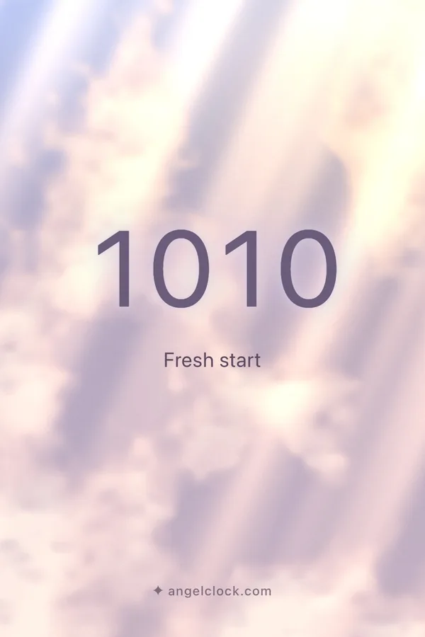 1010 angel number meaning: Fresh start — the Angel Clock card for 1010, over its living sky
