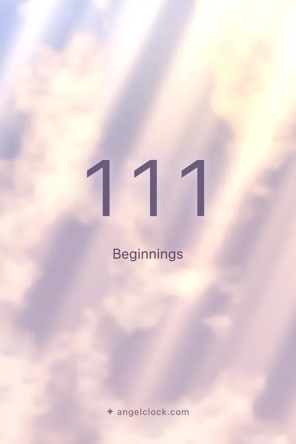 111 angel number meaning: Beginnings — the Angel Clock card for 111, over its living sky