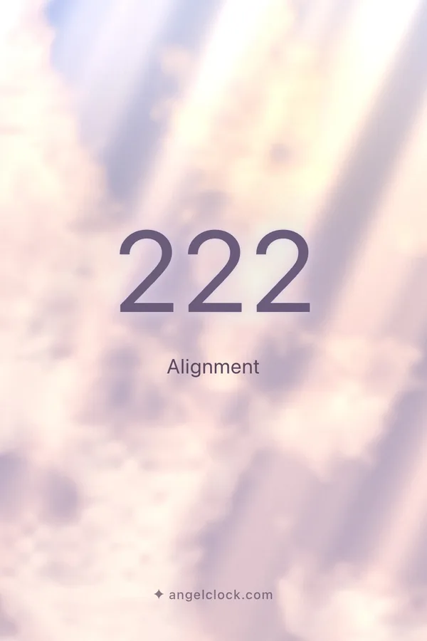 222 angel number meaning: Alignment — the Angel Clock card for 222, over its living sky