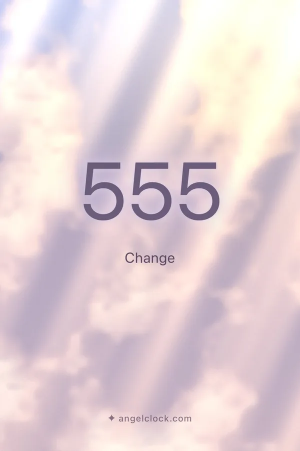555 angel number meaning: Change — the Angel Clock card for 555, over its living sky