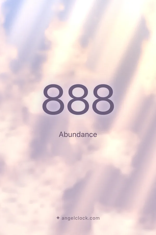 888 angel number meaning: Abundance — the Angel Clock card for 888, over its living sky
