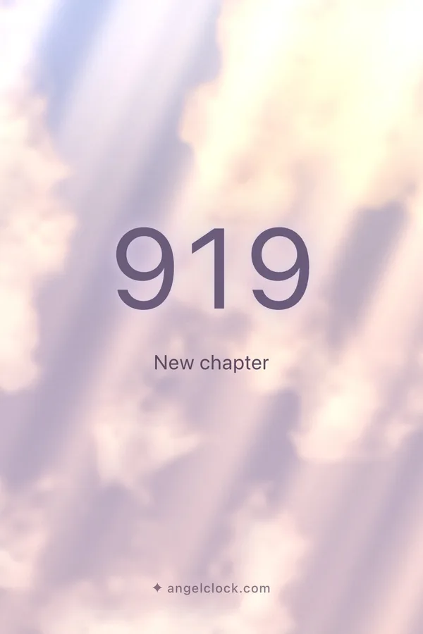919 angel number meaning: New chapter — the Angel Clock card for 919, over its living sky